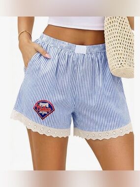 Phillies Blue Striped Women's Shorts with Lace Trim